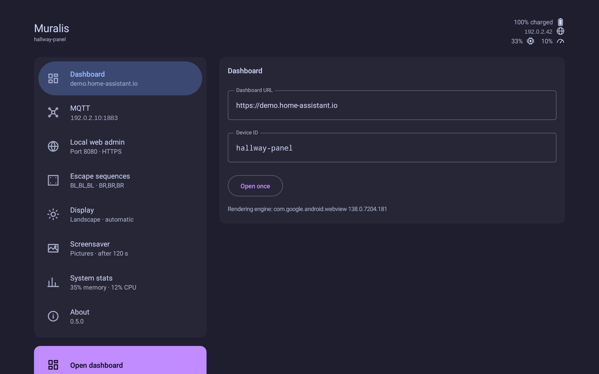 The on-device settings, reached through the corner-tap combination
