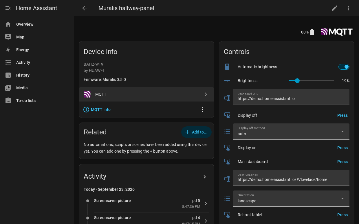 The Muralis device page in Home Assistant: controls, sensors and diagnostics, all created by MQTT discovery