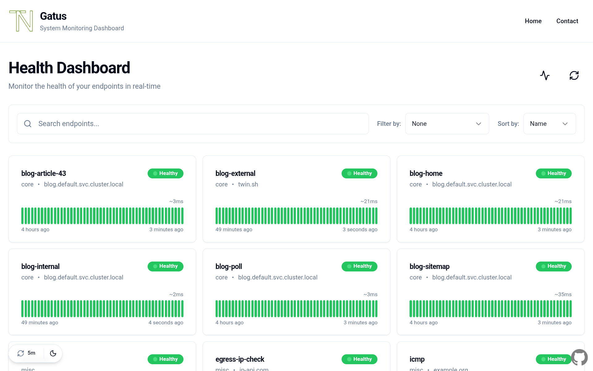 A Gatus health dashboard filling the tablet, every endpoint green