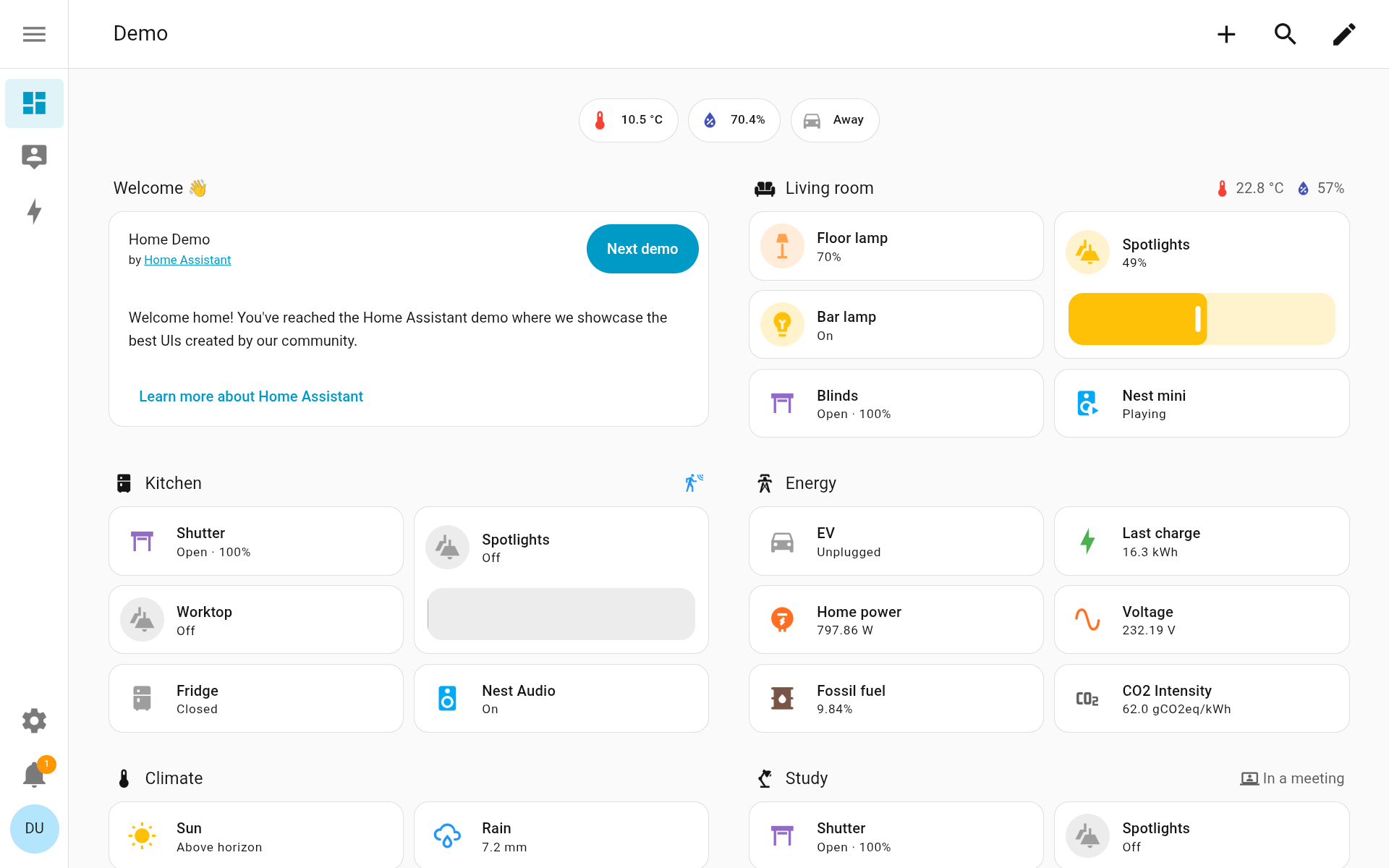 Home Assistant’s demo dashboard filling the tablet