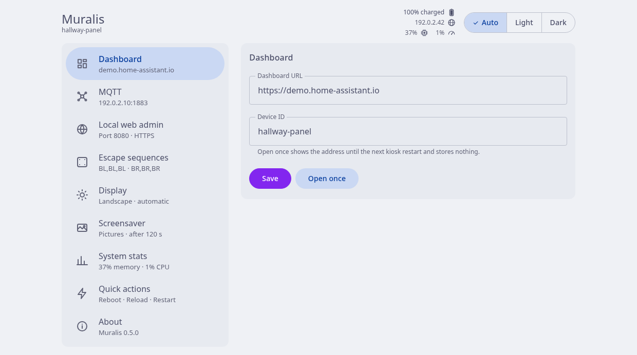 The web admin in a desktop browser: every setting and a live status block